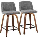 Toriano 24" Swivel Counter Stool in Walnut Wood & Grey Noise Fabric with Black Footrest (Set of 2)